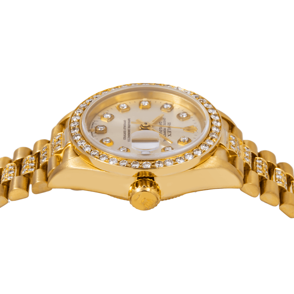 Pre-Owned Rolex Datejust 26MM 69178 Mother of Pearl Diamond Dial Diamond Bezel 18K Yellow Gold Semi Diamond President Bracelet