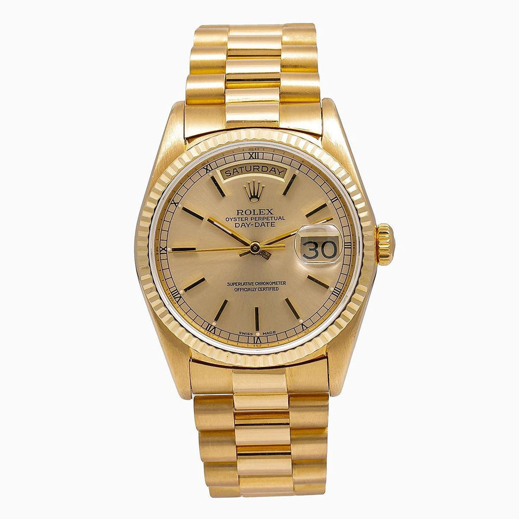Pre-Owned Rolex Day-Date 36MM 18238 Champagne Dial Fluted Bezel 18K Yellow Gold President Bracelet