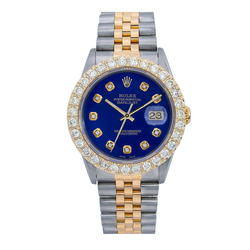 Pre-Owned Rolex Datejust 36MM 16233 Blue Diamond Dial Diamond Bezel Two Tone Yellow Gold Jubilee Bracelet