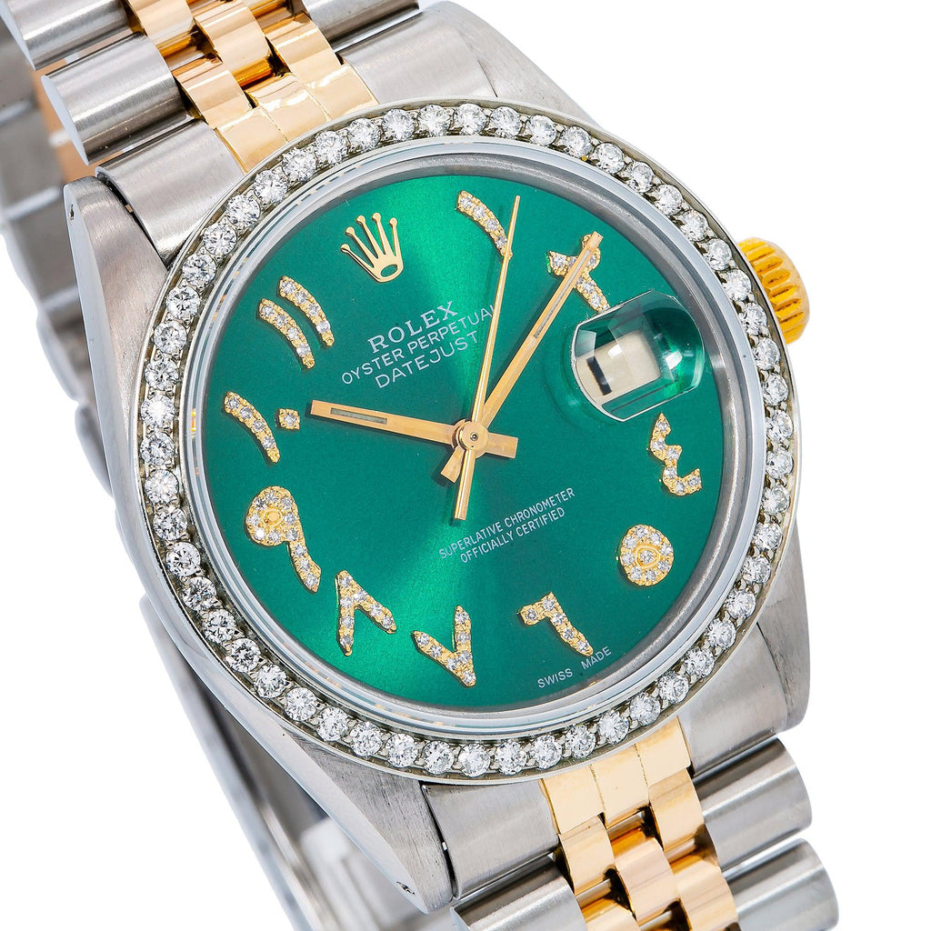 Pre-Owned Rolex Datejust 36MM 16013 Green Roman Diamond Dial Diamond Bezel Two Tone Yellow Gold Jubilee Bracelet 1.25ct