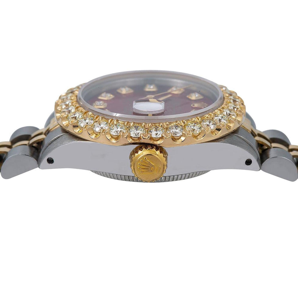 Pre-Owned Rolex Datejust 26MM 69173 Red Diamond Dial Diamond Bezel Two Tone Yellow Gold Jubilee Bracelet
