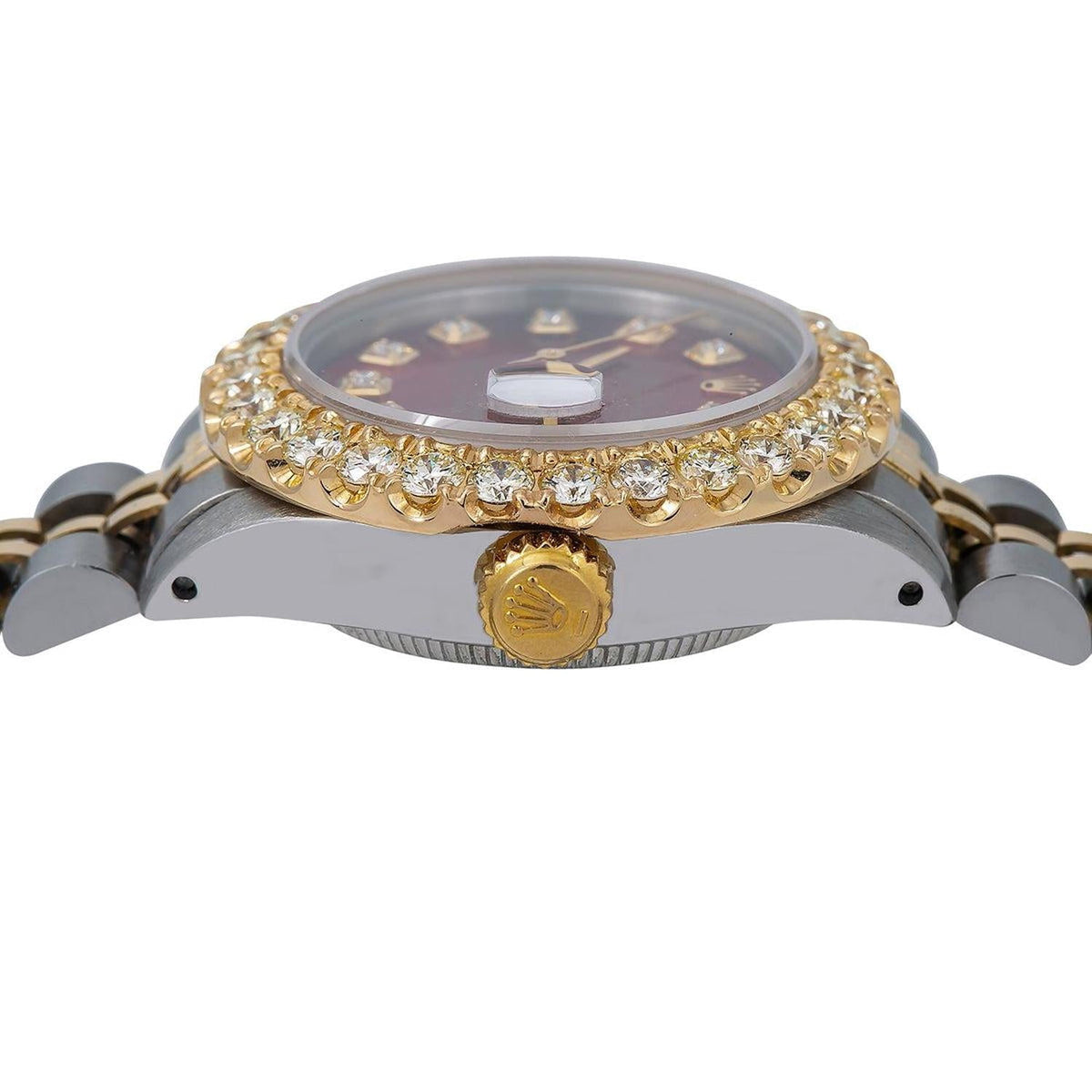 Pre-Owned Rolex Datejust 26MM 69173 Red Diamond Dial Diamond Bezel Two Tone Yellow Gold Jubilee Bracelet