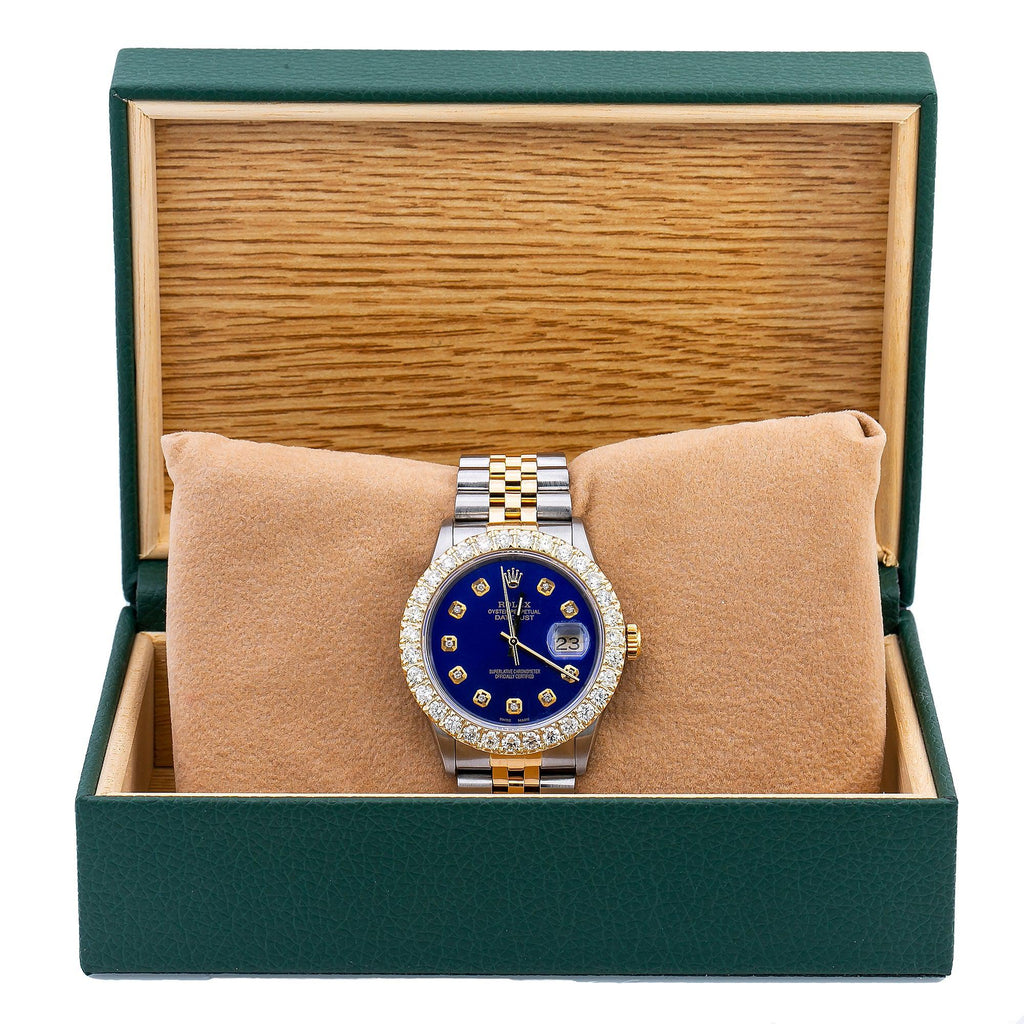 Pre-Owned Rolex Datejust 36MM 16233 Blue Diamond Dial Diamond Bezel Two Tone Yellow Gold Jubilee Bracelet