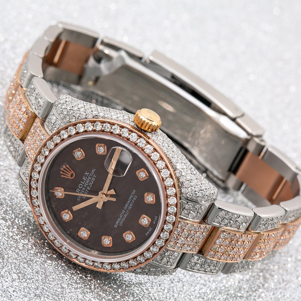 Pre-Owned Rolex Datejust 31MM 178271 Chocolate Diamond Dial Diamond Bezel Two Tone Rose Gold Full Diamond Oyster Bracelet 9.75ct