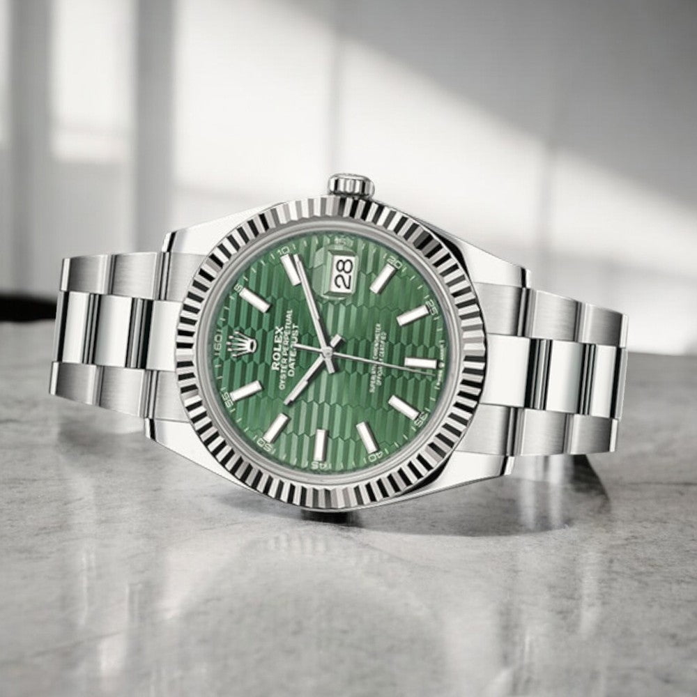 Pre-Owned Rolex Datejust 126334 Unisex 41mm Stainless Steel Green Motif Dial Fluted Bezel Automatic Watch –