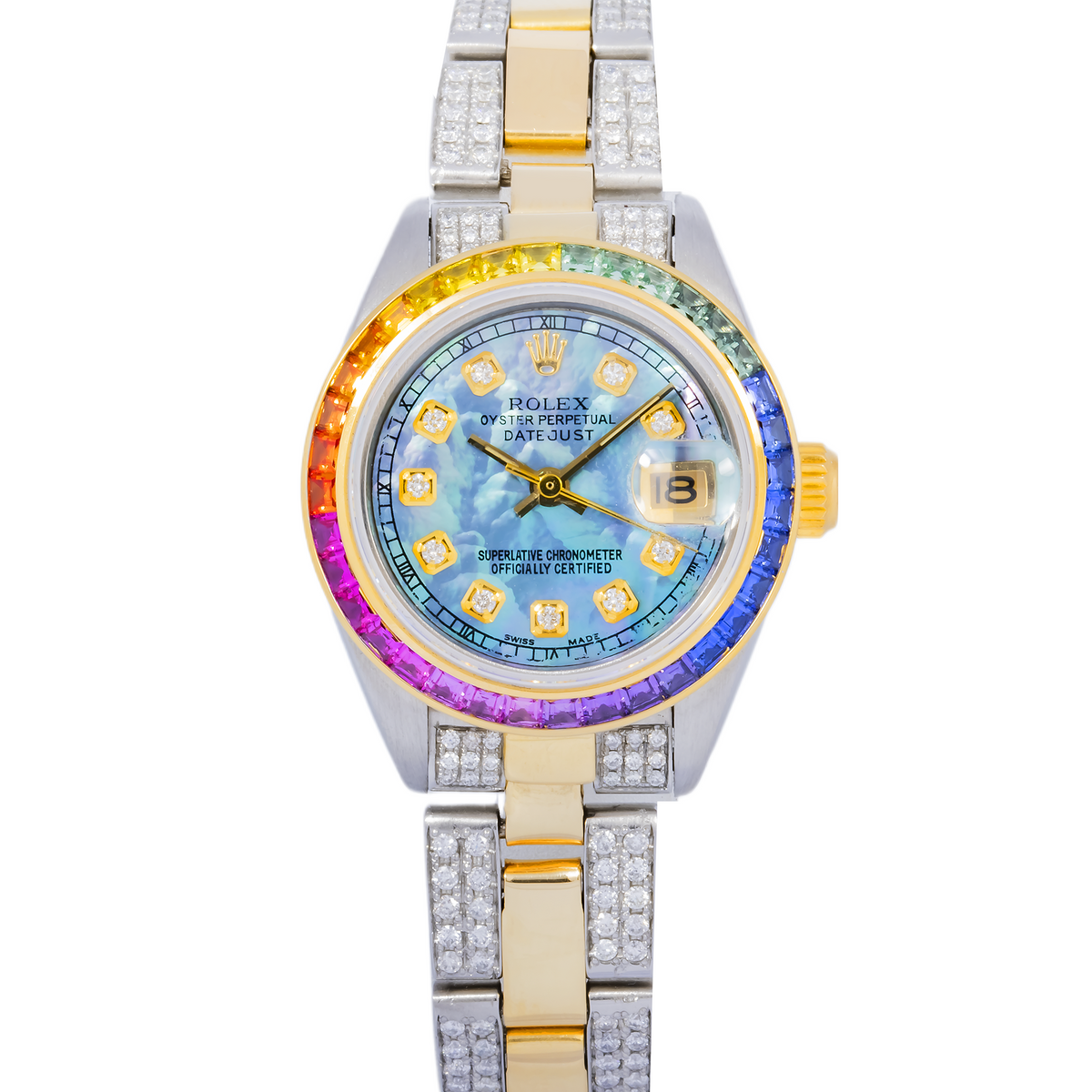 Pre-Owned Rolex Datejust 26MM 69173 Blue Mother of Pearl Diamond Dial Rainbow Gemstone Bezel Two Tone Yellow Gold Semi Diamond Oyster Bracelet