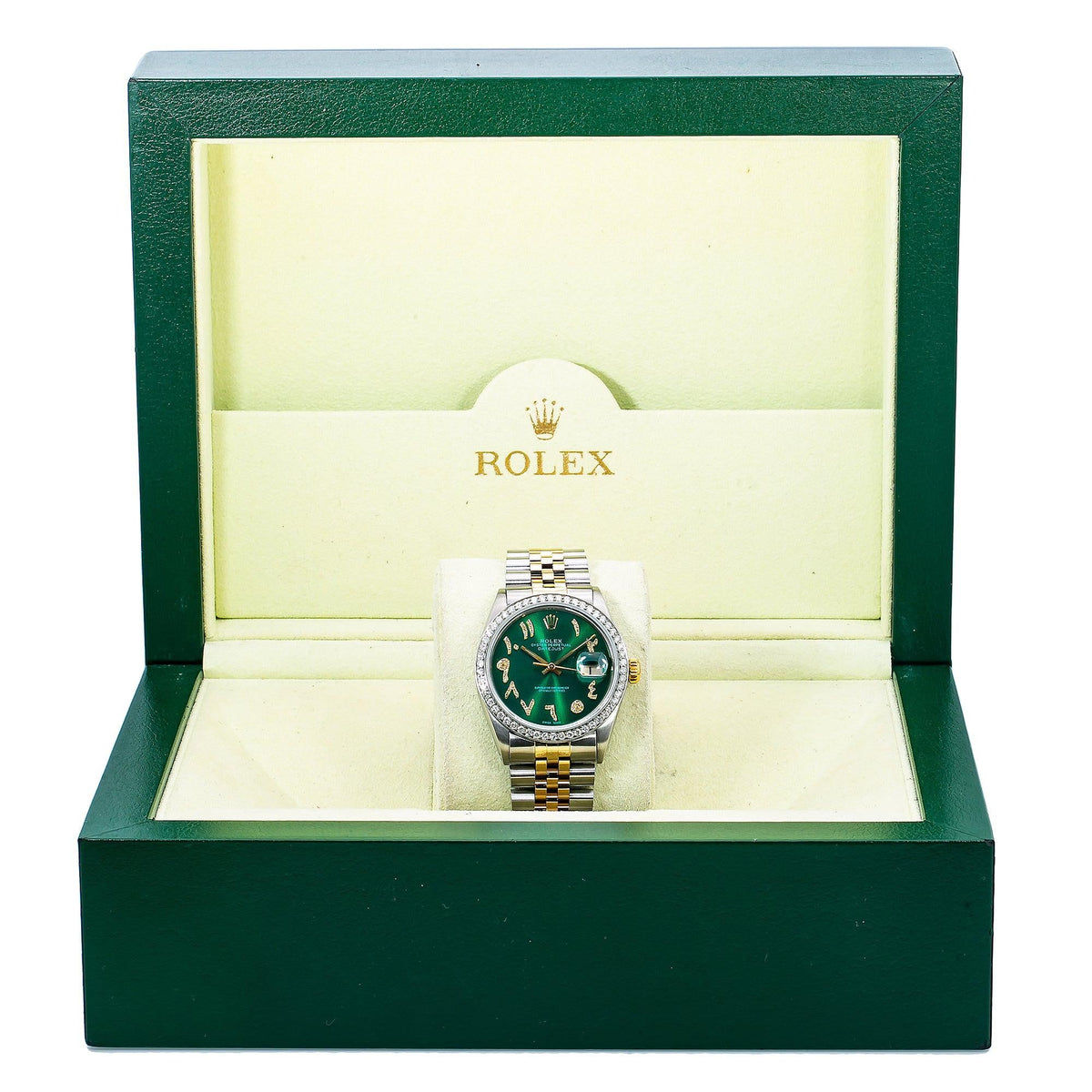 Pre-Owned Rolex Datejust 36MM 16013 Green Roman Diamond Dial Diamond Bezel Two Tone Yellow Gold Jubilee Bracelet 1.25ct