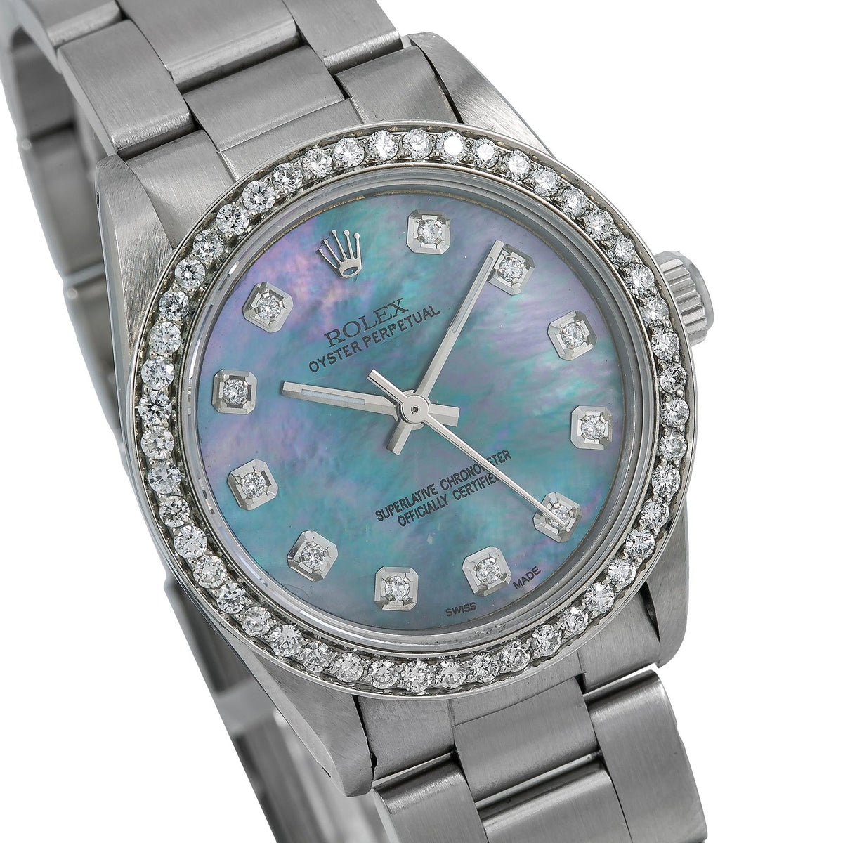 Pre-Owned Rolex Oyster Perpetual 31MM 67480 Blue Mother of Pearl Diamond Dial Diamond Bezel Stainless Steel Oyster Bracelet 1.05ct