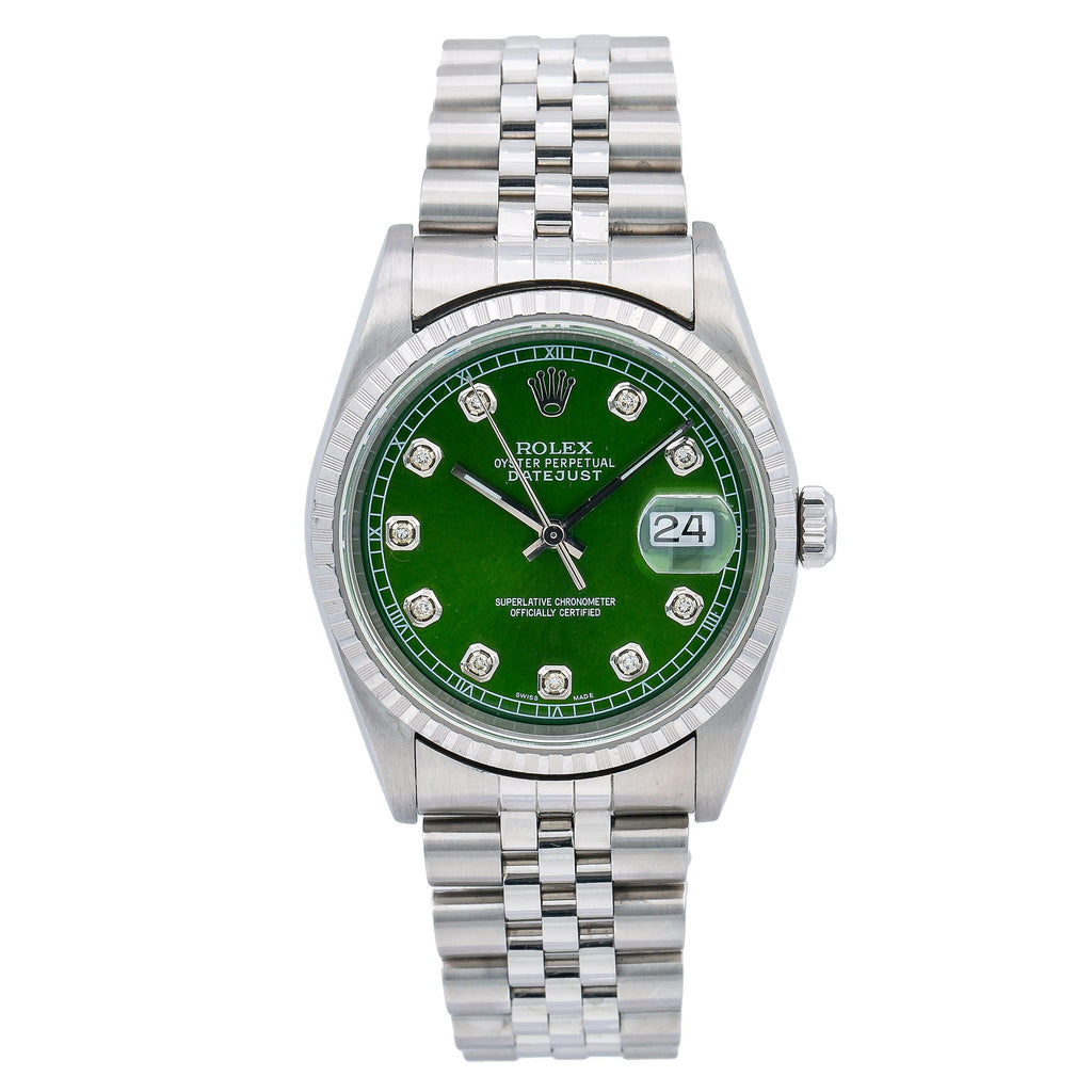 Pre-Owned Rolex Datejust 36MM 16220 Green Diamond Dial Engine Turned Bezel Stainless Steel Jubilee Bracelet