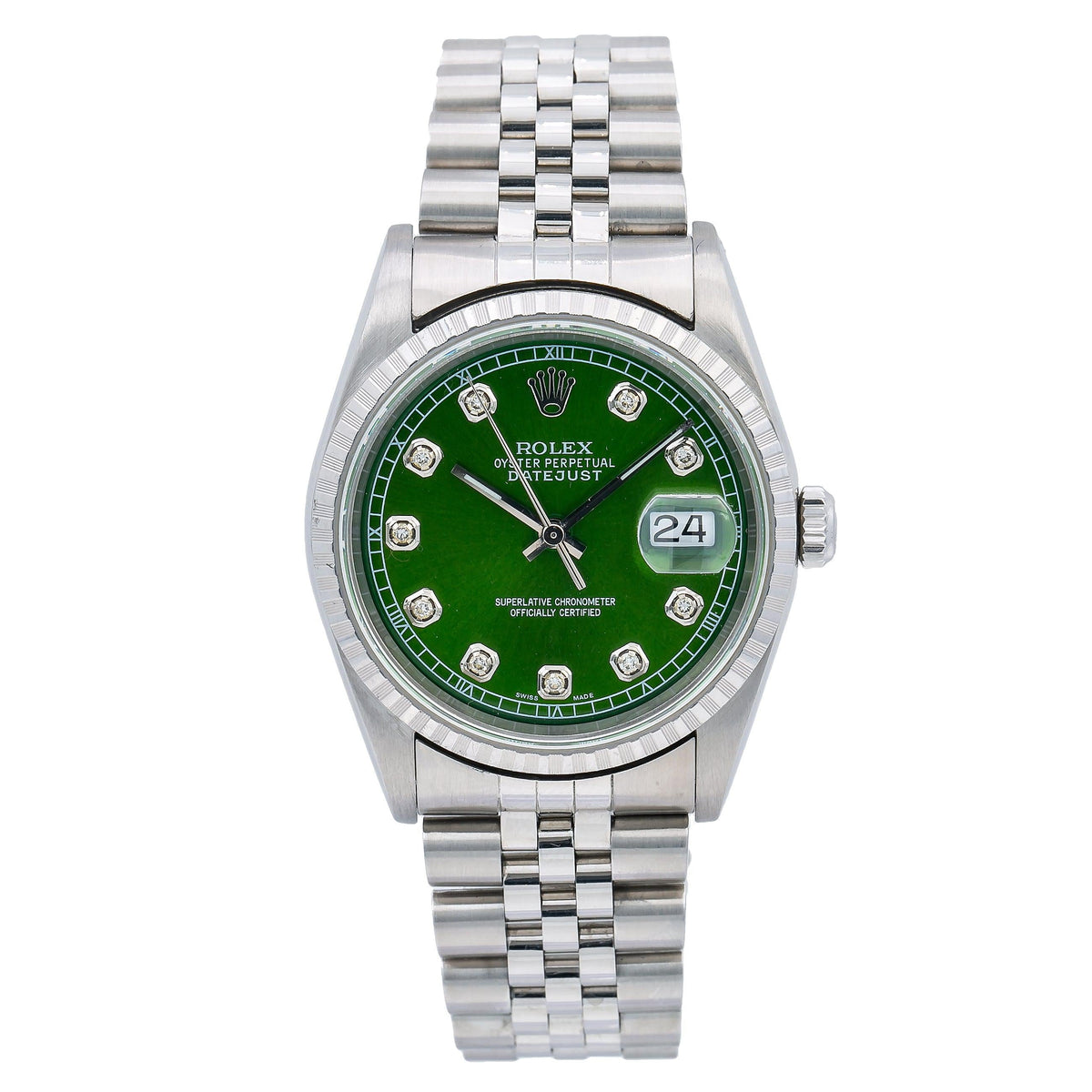 Pre-Owned Rolex Datejust 36MM 16220 Green Diamond Dial Engine Turned Bezel Stainless Steel Jubilee Bracelet