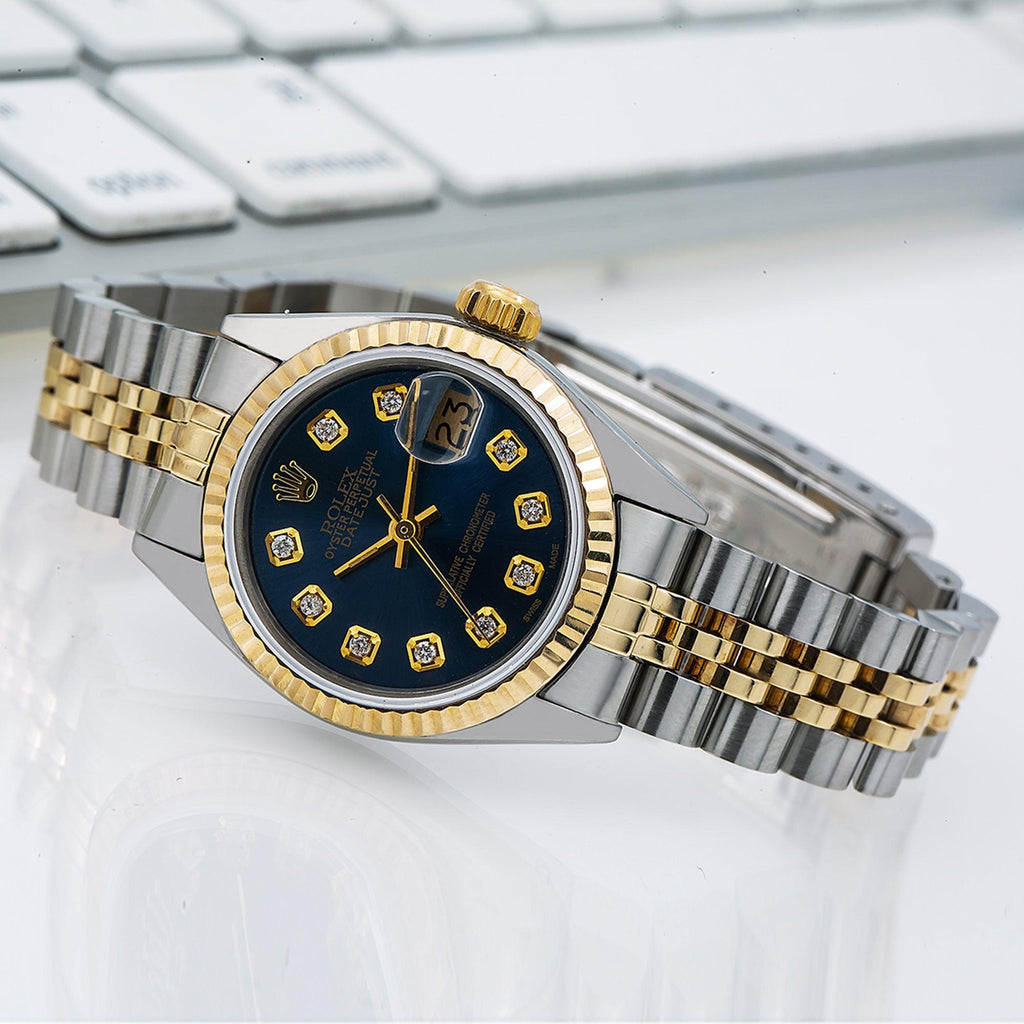 Pre-Owned Rolex Datejust 26MM 6917 Blue Diamond Dial Fluted Bezel Two Tone Yellow Gold Jubilee Bracelet