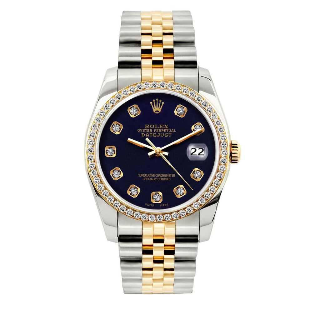 Pre-Owned Rolex Datejust 36MM 16233 Black Diamond Dial Diamond Bezel Two Tone Yellow Gold Jubilee Bracelet 1.2ct