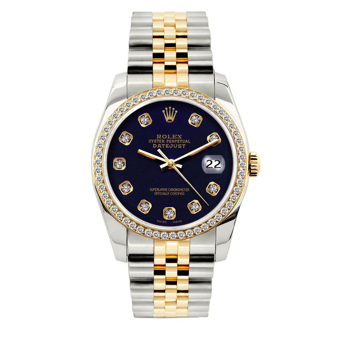 Pre-Owned Rolex Datejust 36MM 16233 Black Diamond Dial Diamond Bezel Two Tone Yellow Gold Jubilee Bracelet 1.2ct