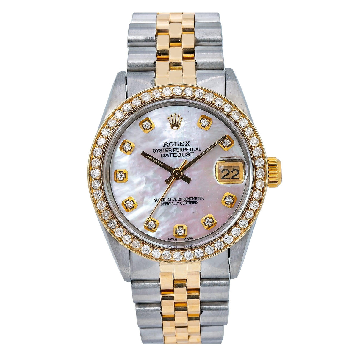 Pre-Owned Rolex Datejust 31MM 6824 Pink Mother of Pearl Diamond Dial Diamond Bezel Two Tone Yellow Gold Jubilee Bracelet