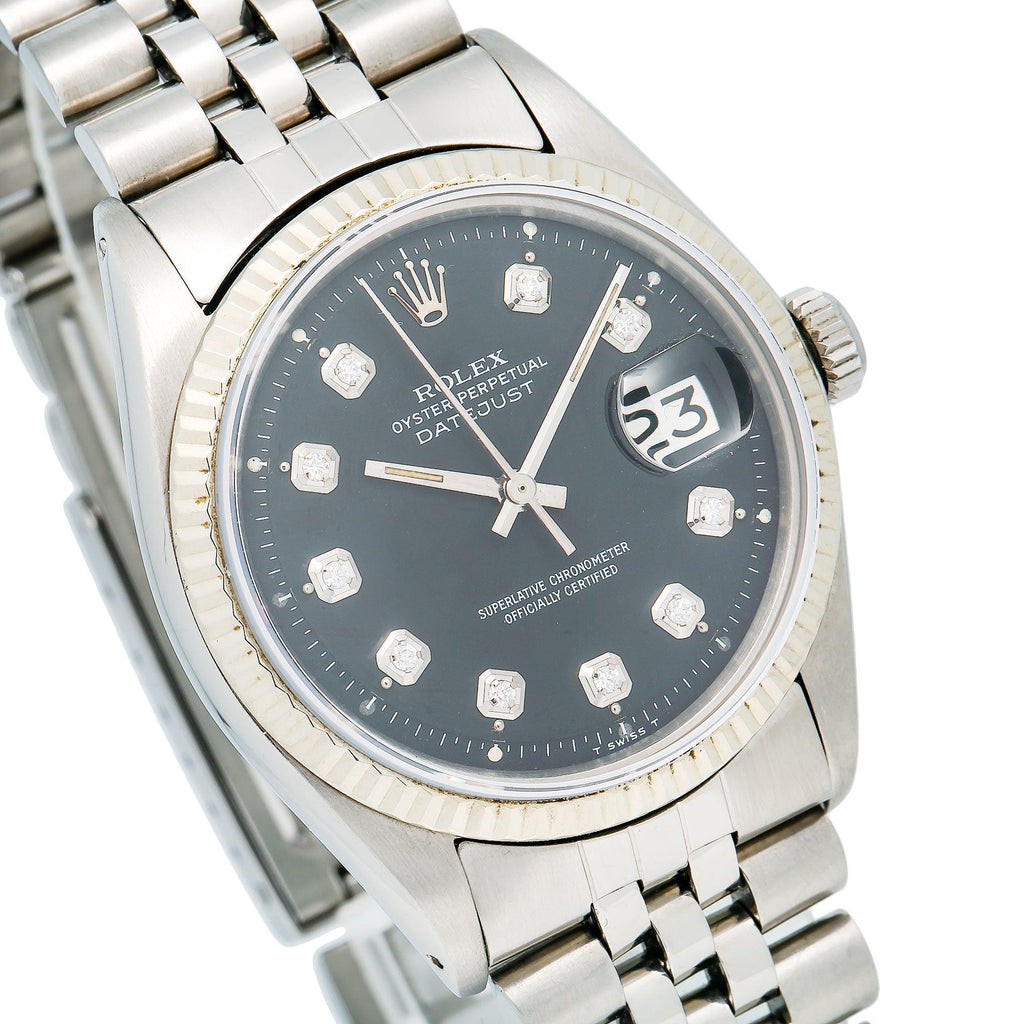 Pre-Owned Rolex Datejust 36MM 1601 Black Diamond Dial Fluted Bezel Stainless Steel Jubilee Bracelet