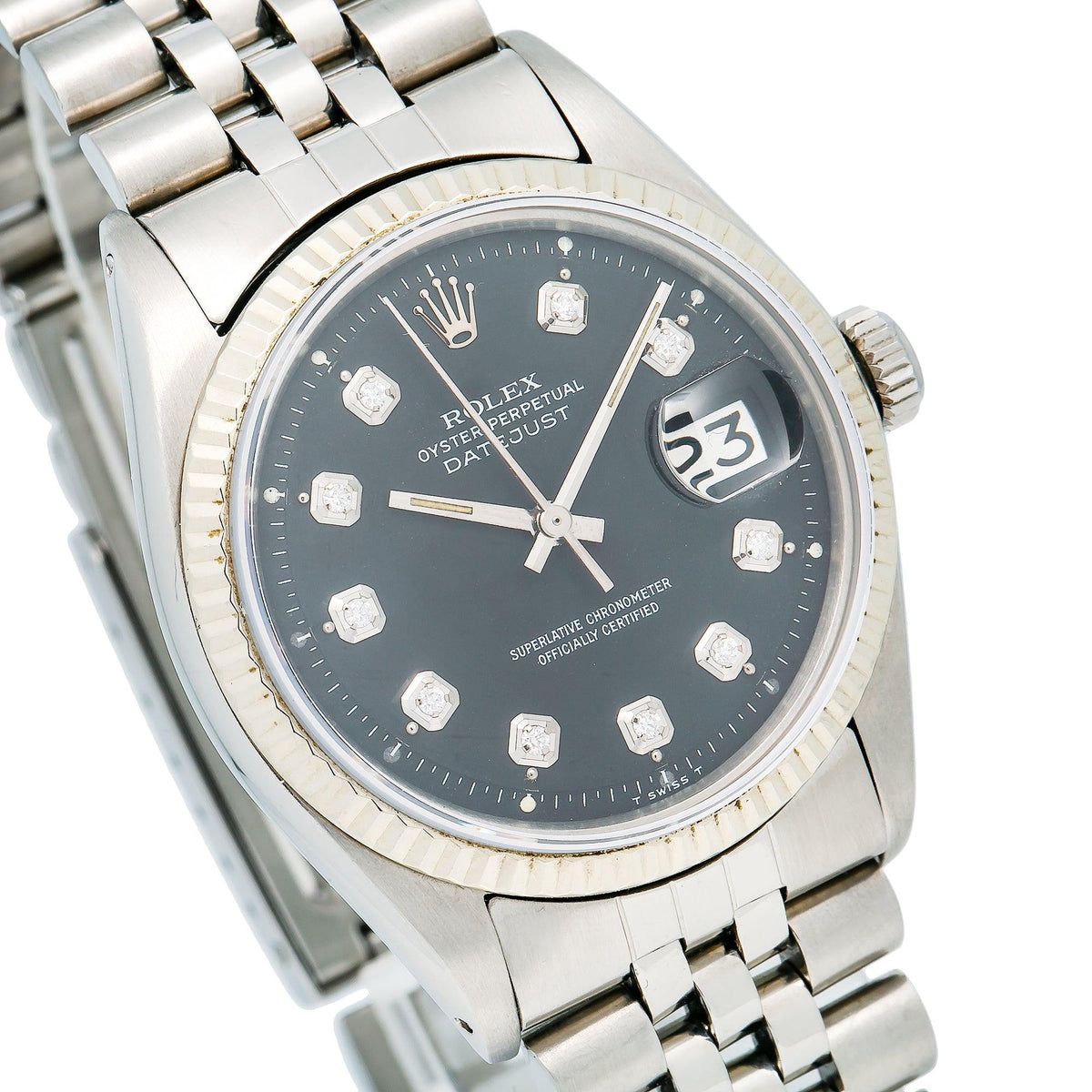 Pre-Owned Rolex Datejust 36MM 1601 Black Diamond Dial Fluted Bezel Stainless Steel Jubilee Bracelet