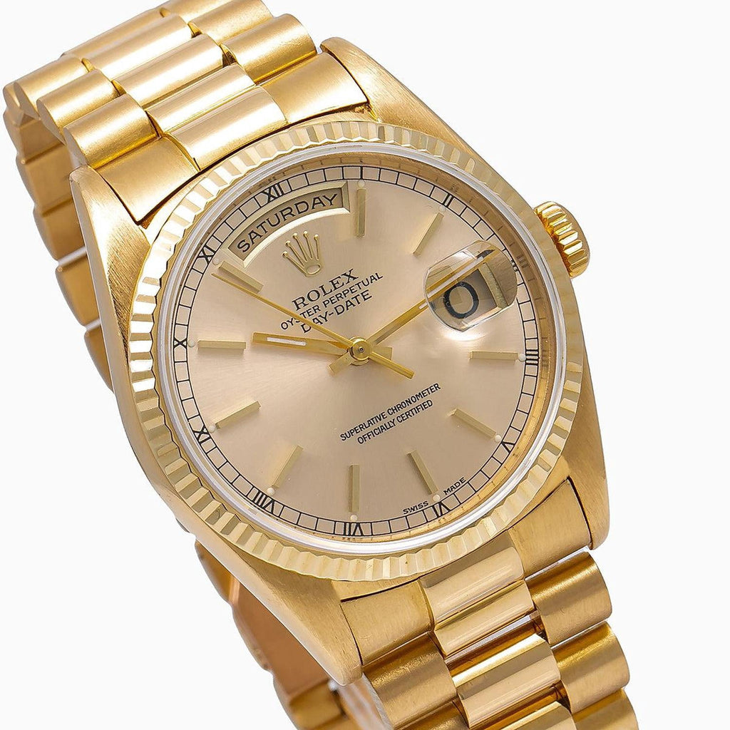 Pre-Owned Rolex Day-Date 36MM 18238 Champagne Dial Fluted Bezel 18K Yellow Gold President Bracelet