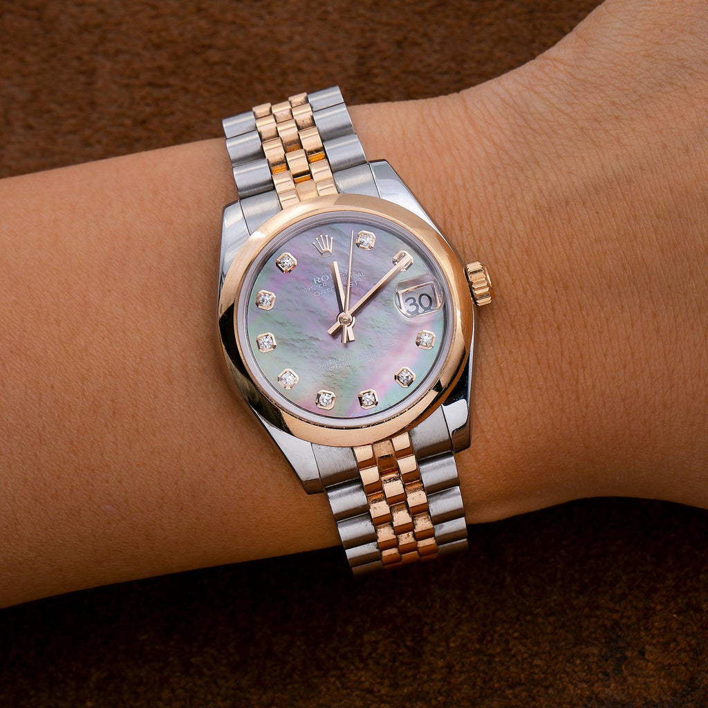 Pre-Owned Rolex Datejust 31MM 178241 Black Mother of Pearl Diamond Dial Smooth Bezel Two Tone Rose Gold Jubilee Bracelet