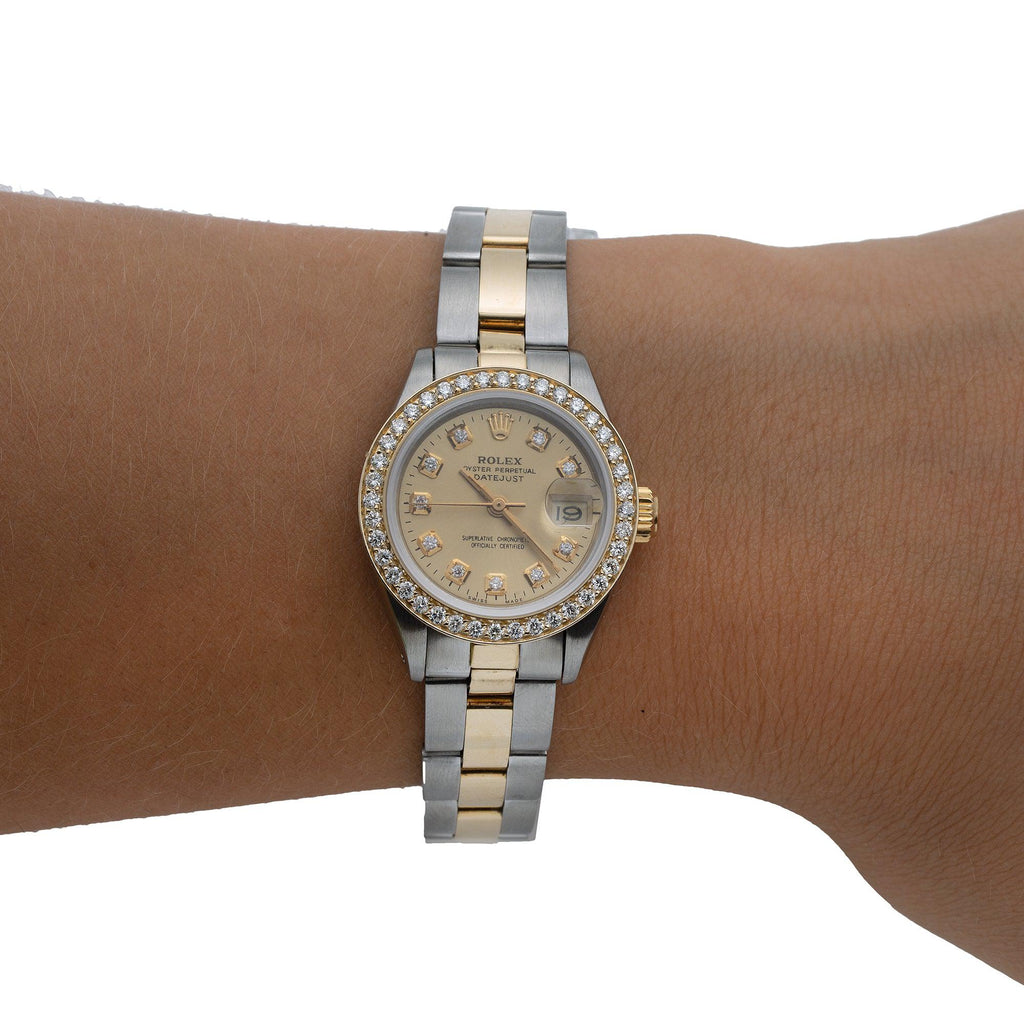 Pre-Owned Rolex Datejust 26MM 6917 Champagne Diamond Dial Diamond Bezel Two Tone Yellow Gold Oyster Bracelet 0.9ct