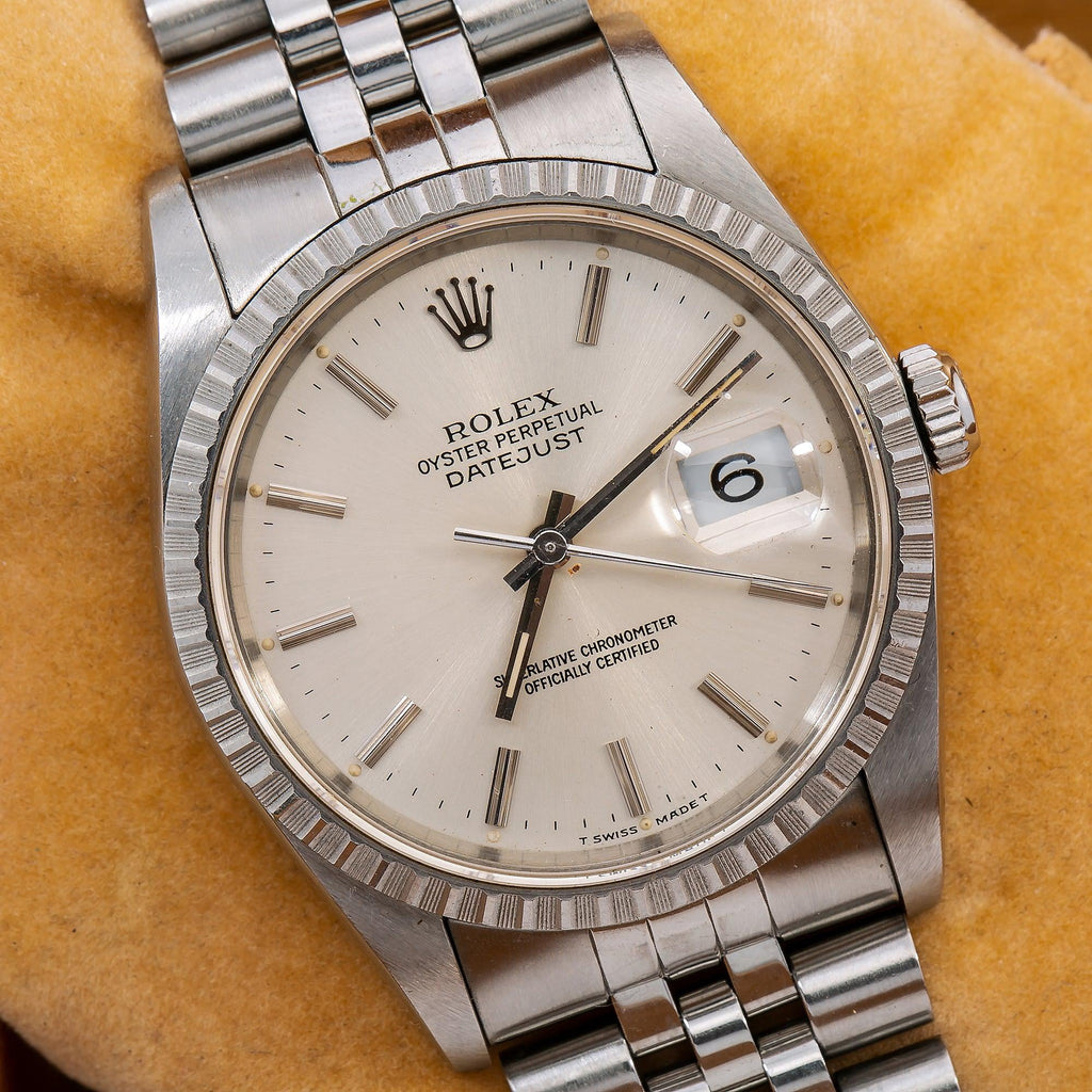 Pre-Owned Rolex Datejust 36MM 1603 Silver Dial Engine Turned Bezel Stainless Steel Jubilee Bracelet
