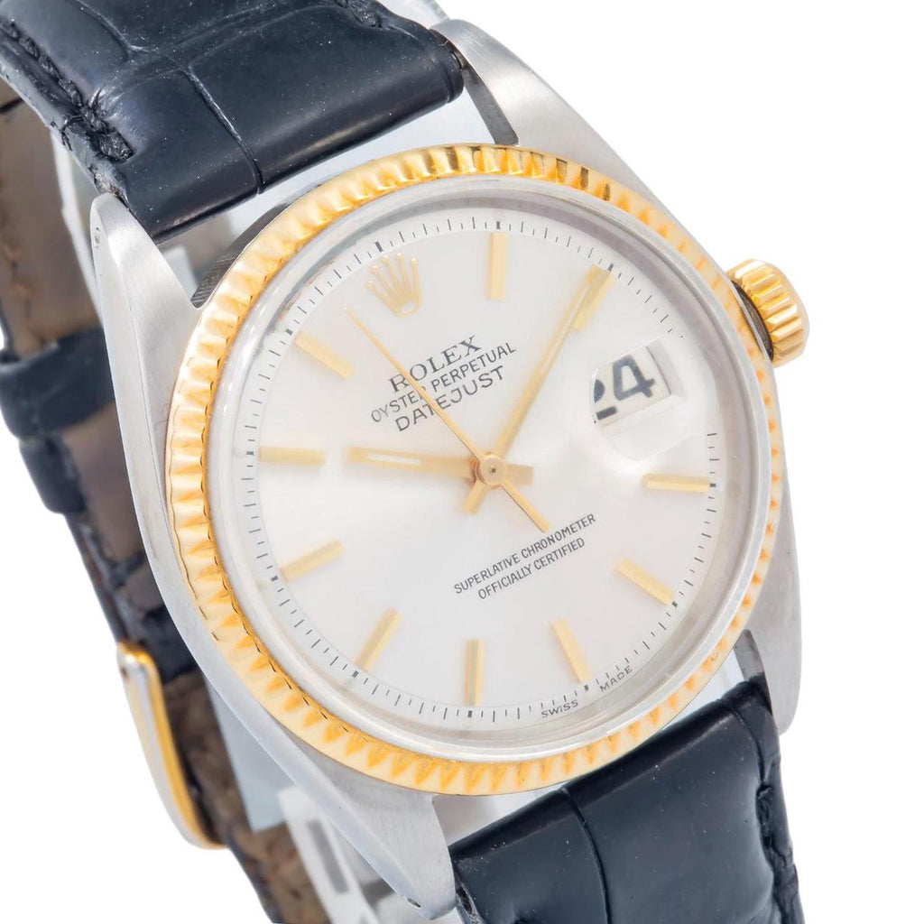 Pre-Owned Rolex Datejust 36MM 1601 Silver Dial Fluted Bezel Black Leather Strap