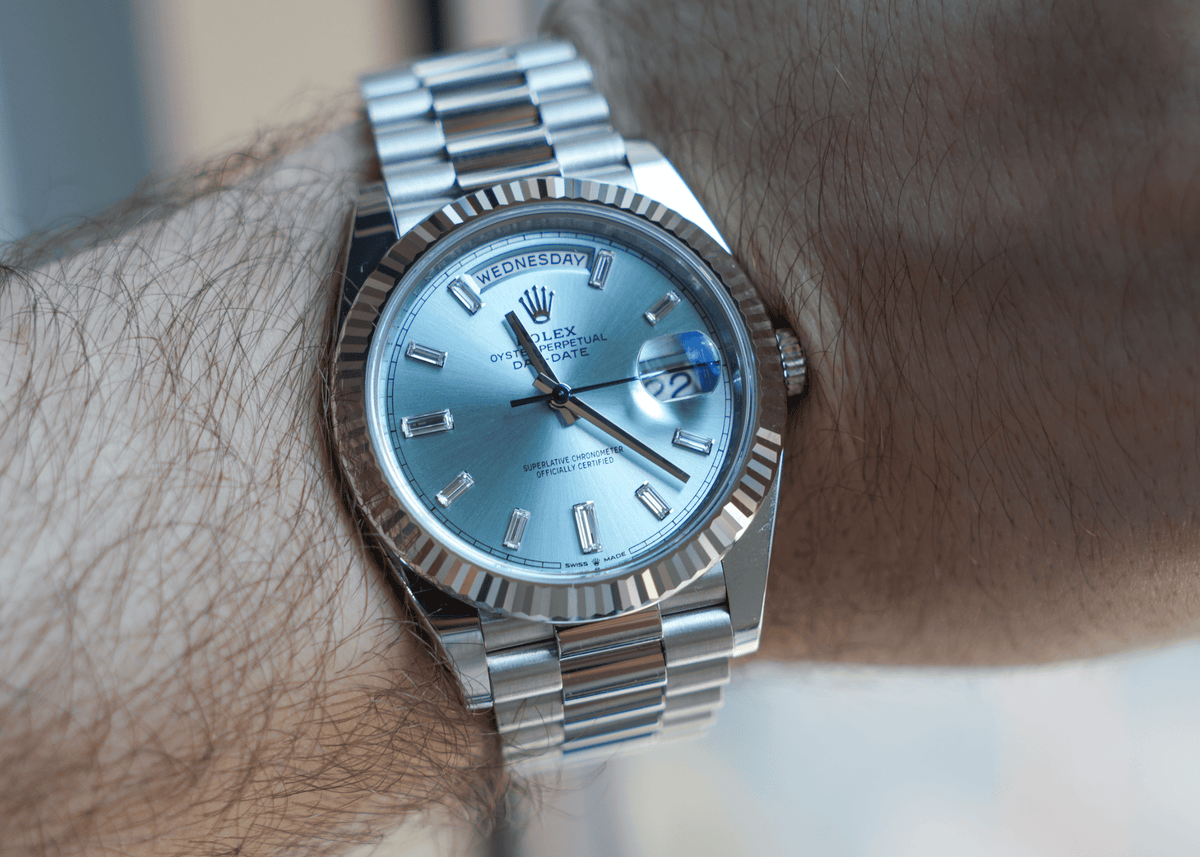 Pre-Owned Rolex Platinum President Day-Date 40 â€“ Ice Blue Baguette Dial Ref. 228236