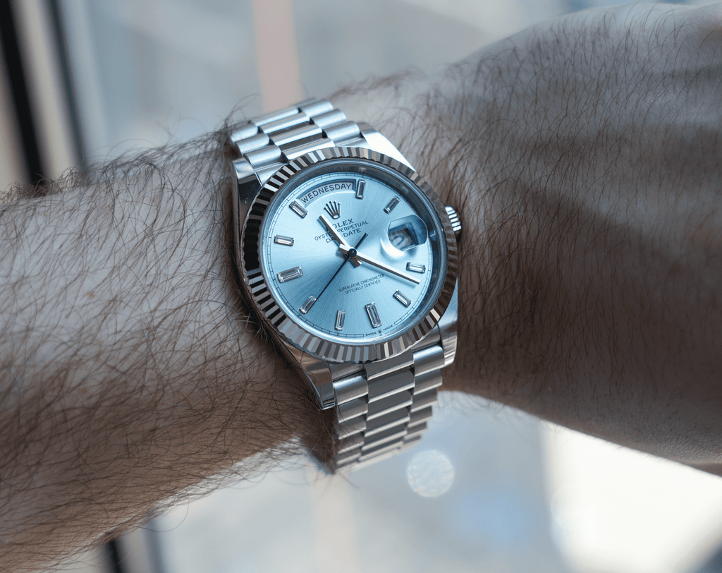 Pre-Owned Rolex Platinum President Day-Date 40 â€“ Ice Blue Baguette Dial Ref. 228236