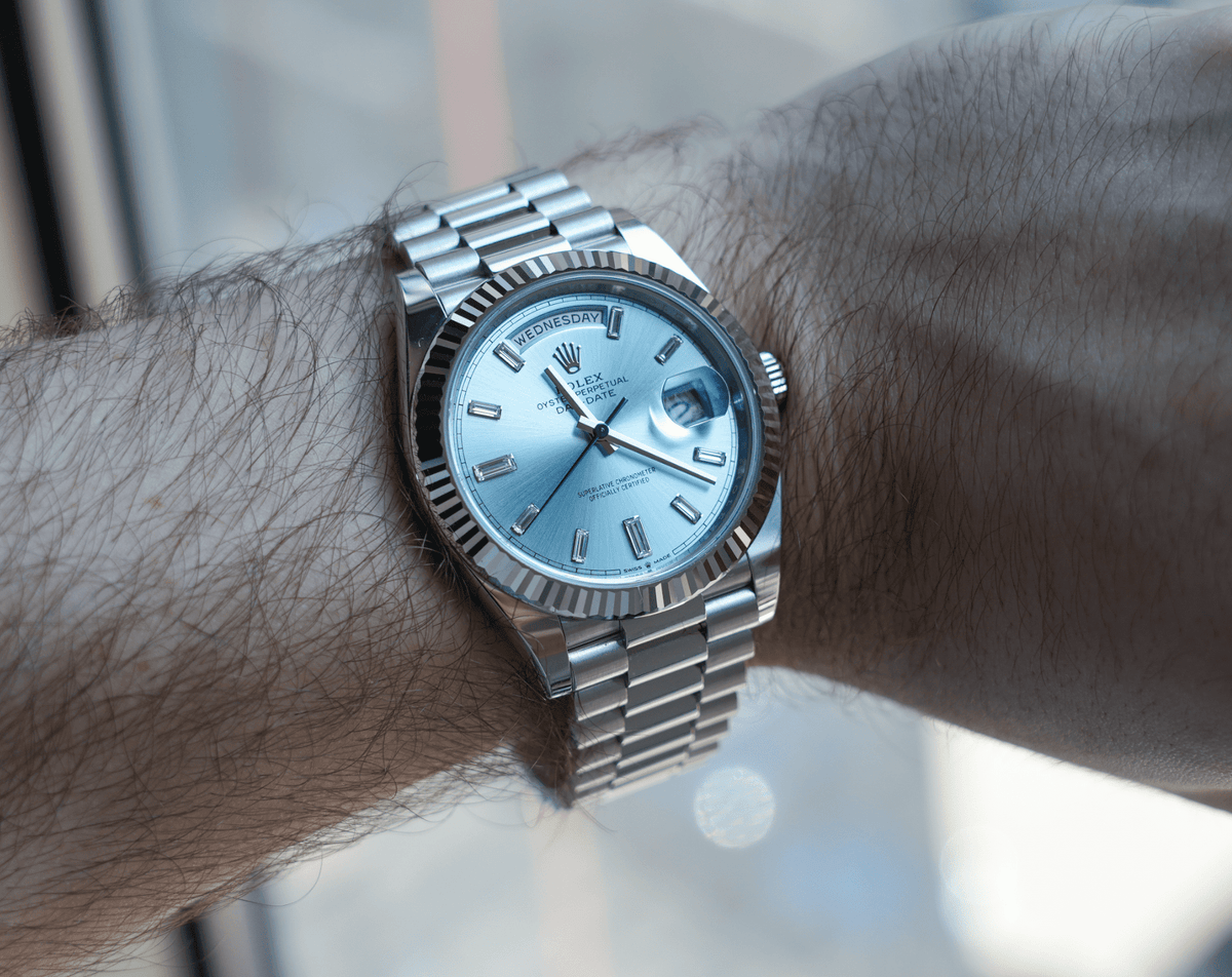 Pre-Owned Rolex Platinum President Day-Date 40 â€“ Ice Blue Baguette Dial Ref. 228236