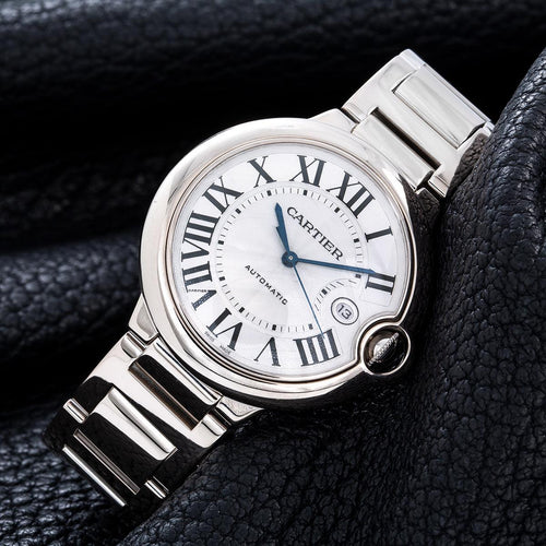 Pre-Owned Cartier Ballon Bleu 42MM W69013Z2 Silver Roman Dial Stainless Steel Bracelet