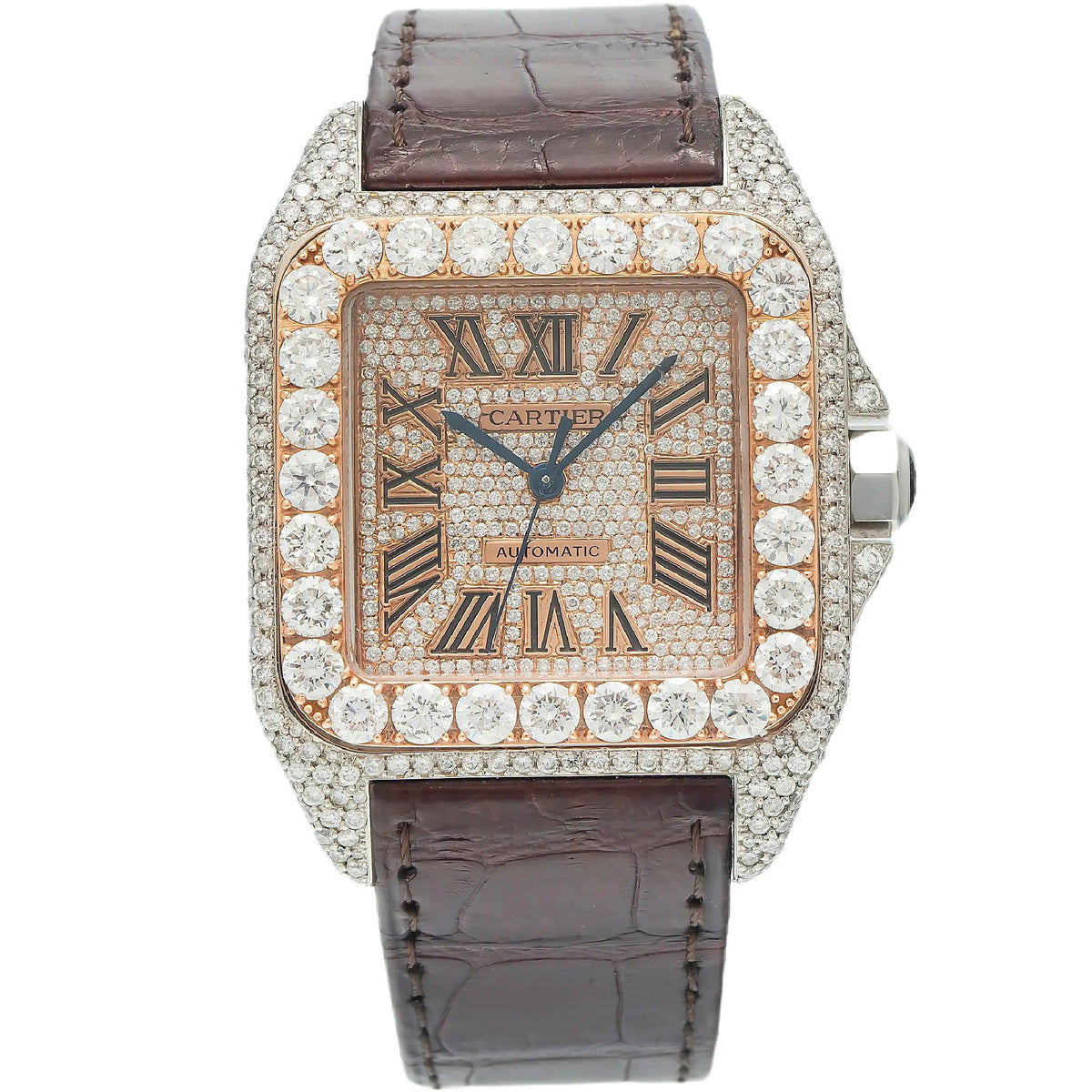 Pre-Owned Cartier Santos 100 38MM W20073X8 Champagne Roman Dial Diamond Bezel Brown Leather Strap 11.35ct
