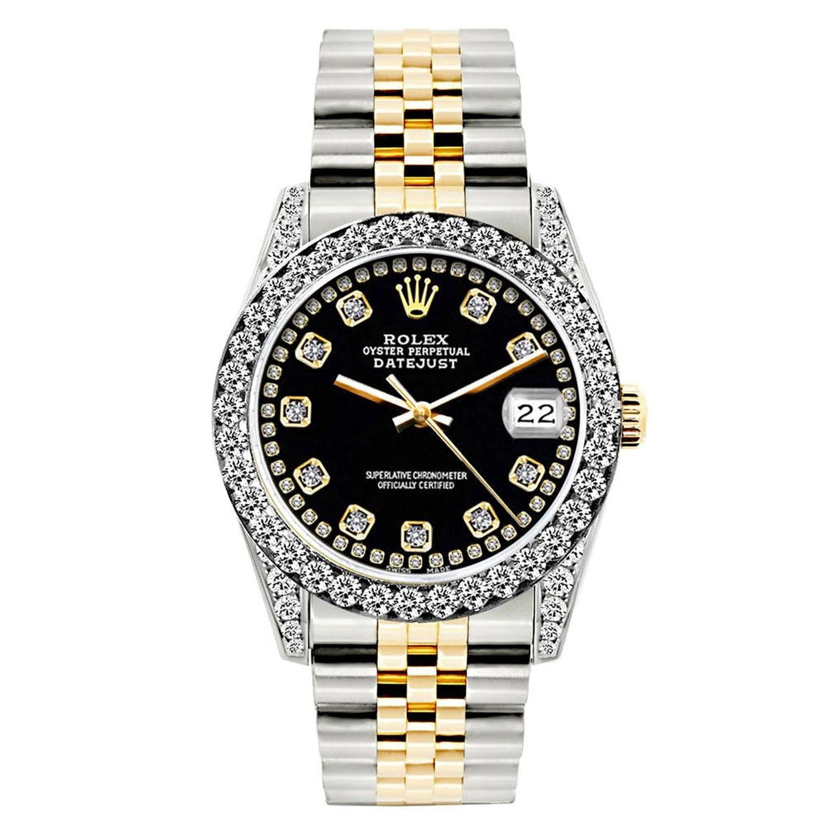 Pre-Owned Rolex Datejust 26MM 69173 Black Diamond Dial Diamond Bezel Two Tone Yellow Gold Jubilee Bracelet 1.2ct