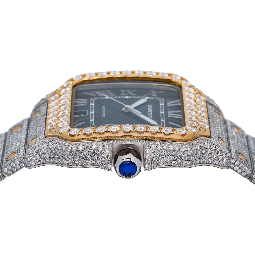 Pre-Owned Cartier Santos 39.8MM WSSA0030 Blue Roman Dial Yellow Gold Diamond Bezel Two Tone Yellow Gold Full Diamond Bracelet 17.95ct