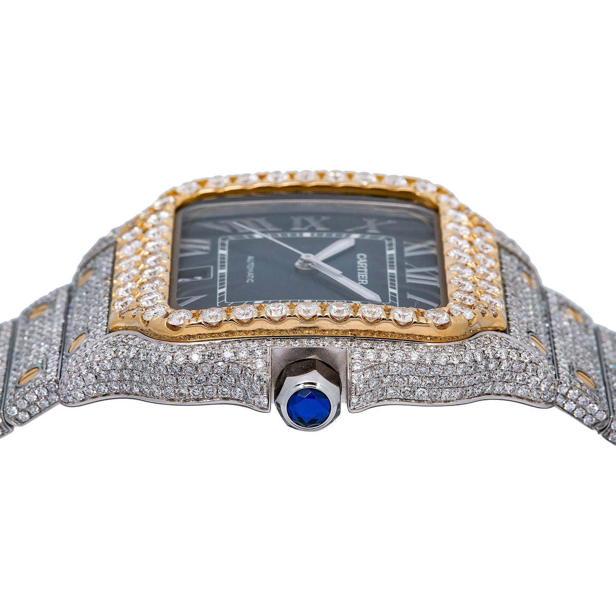 Pre-Owned Cartier Santos 39.8MM WSSA0030 Blue Roman Dial Yellow Gold Diamond Bezel Two Tone Yellow Gold Full Diamond Bracelet 17.95ct