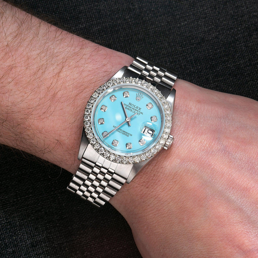 Pre-Owned Rolex Datejust 36MM 1601 Ice Blue Diamond Dial Diamond Bezel Stainless Steel Jubilee Bracelet