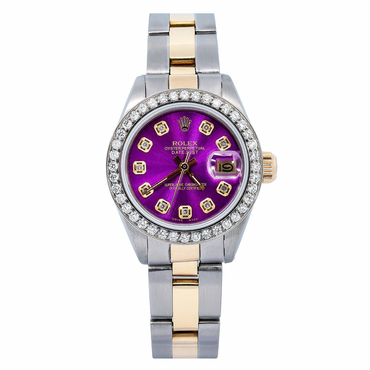 Pre-Owned Rolex Datejust 26MM 69173 Purple Diamond Dial Diamond Bezel Two Tone Yellow Gold Oyster Bracelet 0.9ct