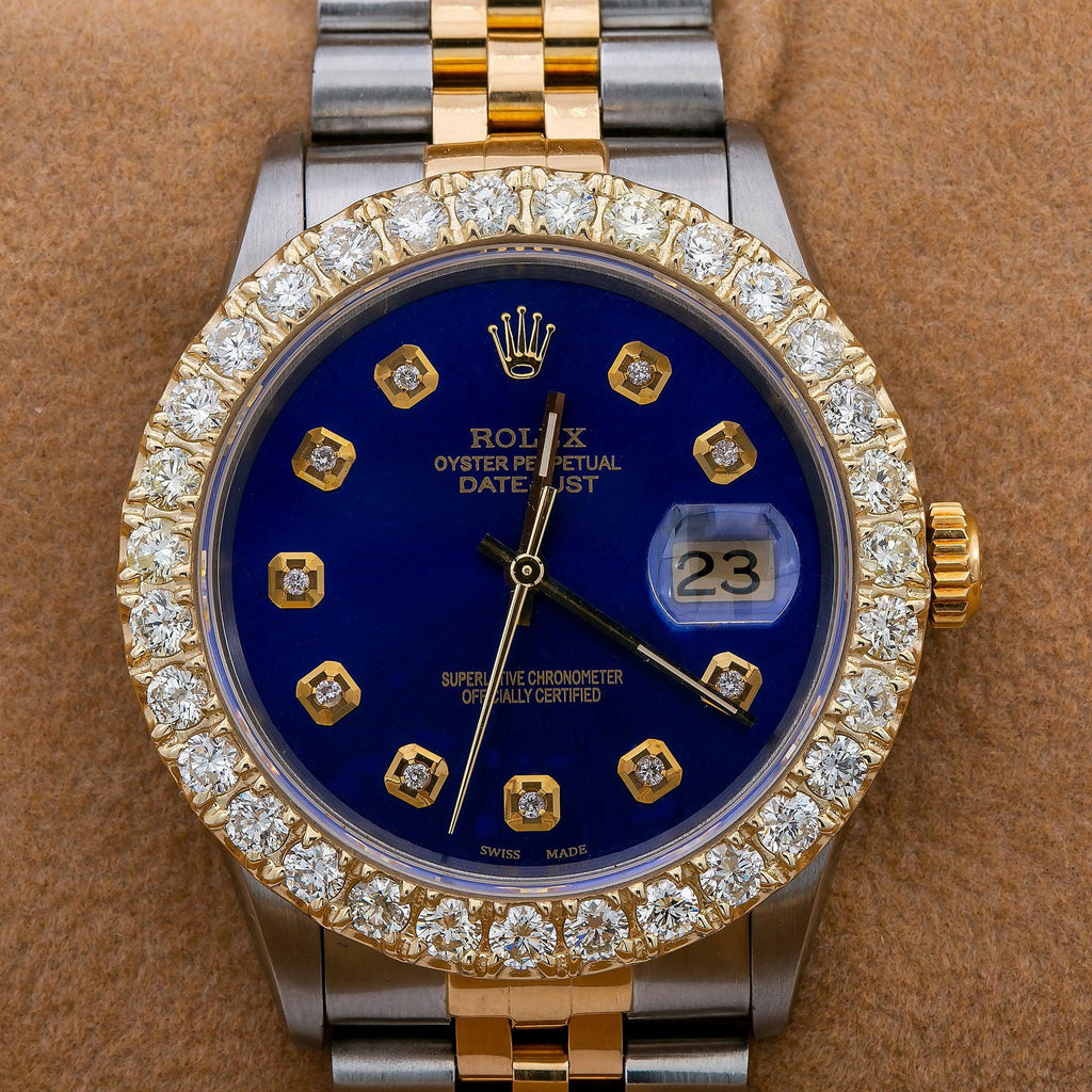 Pre-Owned Rolex Datejust 36MM 16233 Blue Diamond Dial Diamond Bezel Two Tone Yellow Gold Jubilee Bracelet