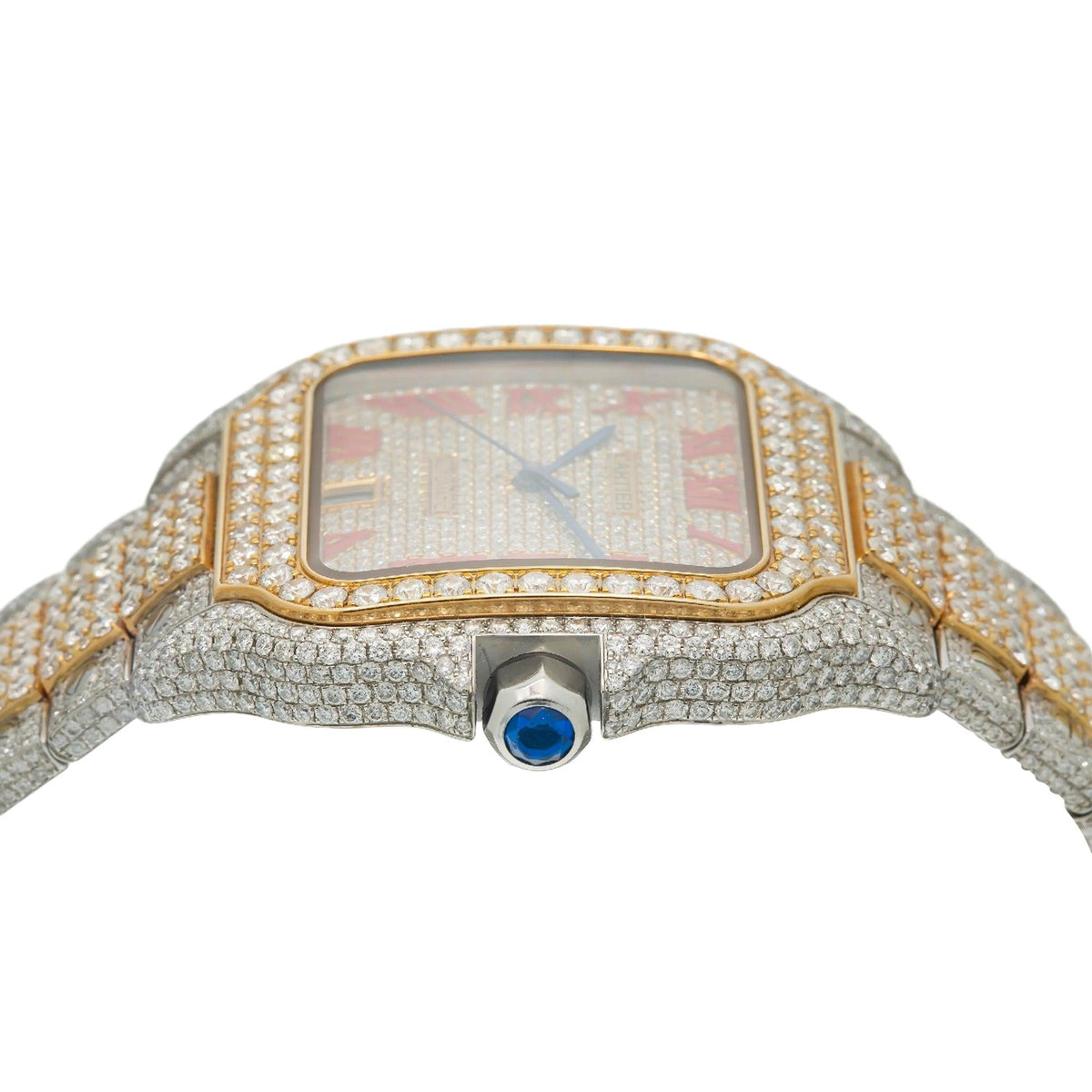 Pre-Owned Cartier Santos 39.8MM WSSA0018 Diamond Paved Champagne Roman Dial Yellow Gold Diamond Bezel Two Tone Yellow Gold Full Diamond Bracelet 18.75ct