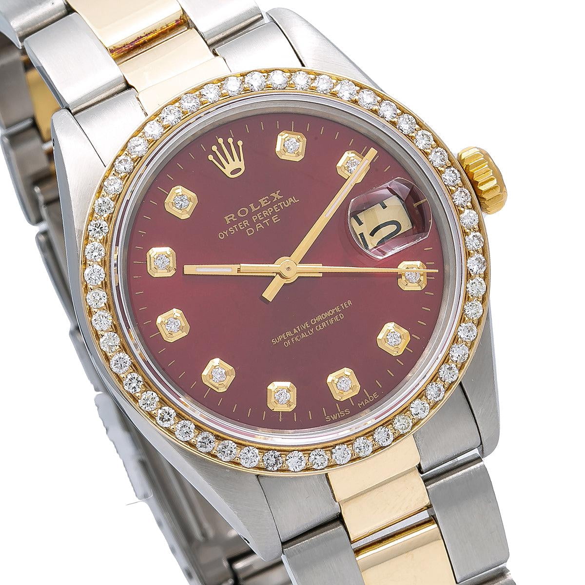 Pre-Owned Rolex Oyster Perpetual Diamond Watch, Date 1505 34mm, Red Diamond Dial With 1.20 CT Diamonds