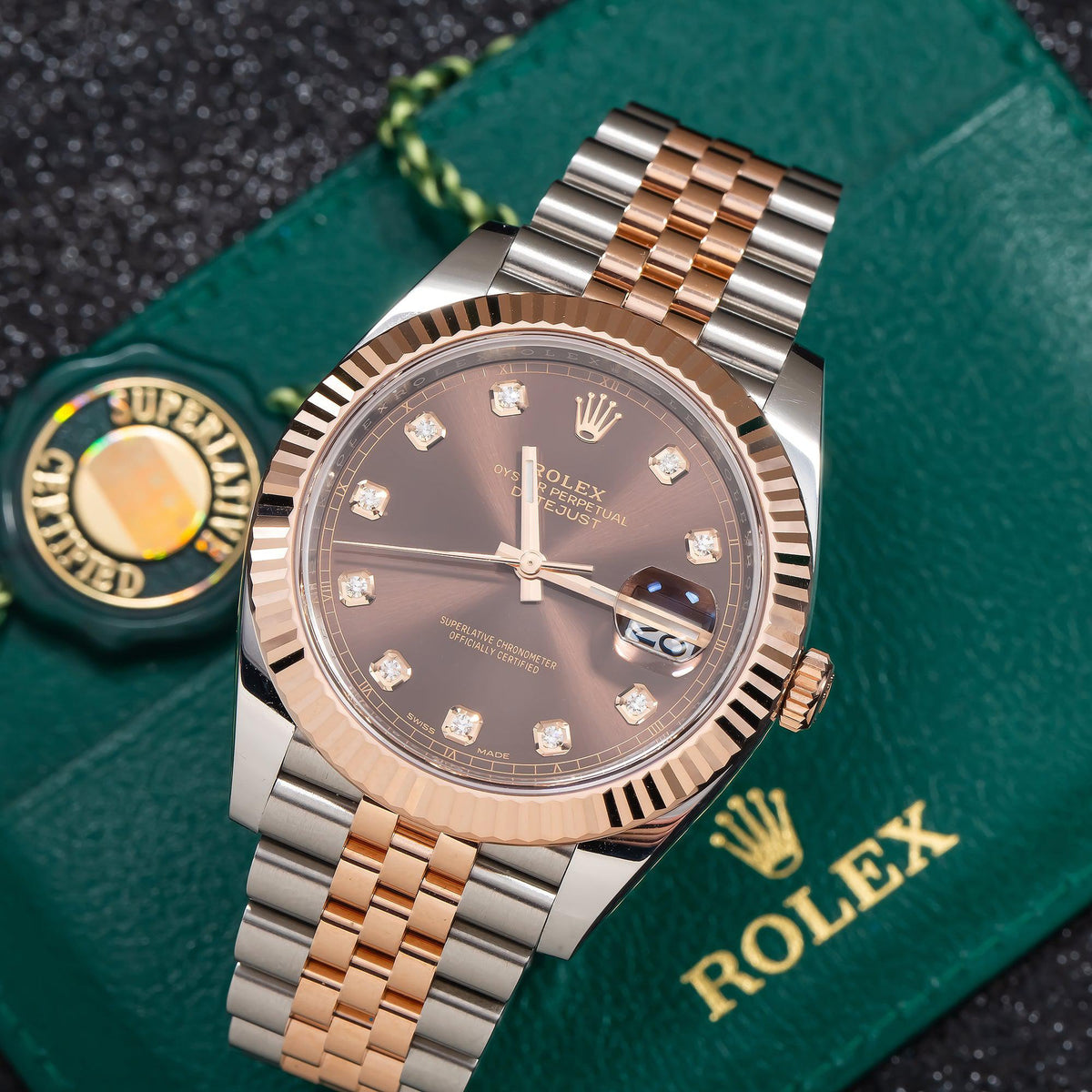 Pre-Owned Rolex Datejust 41MM 126331 Chocolate Diamond Dial Fluted Bezel Two Tone Rose Gold Jubilee Bracelet