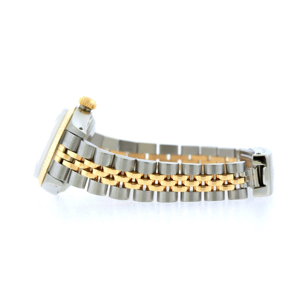 Pre-Owned Rolex Datejust 26MM 69173 Black Mother of Pearl Diamond Dial Fluted Bezel Two Tone Yellow Gold Jubilee Bracelet