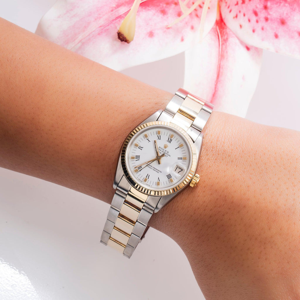 Pre-Owned Rolex Datejust 31MM 6827 White Roman Dial Fluted Bezel Two Tone Yellow Gold Oyster Bracelet