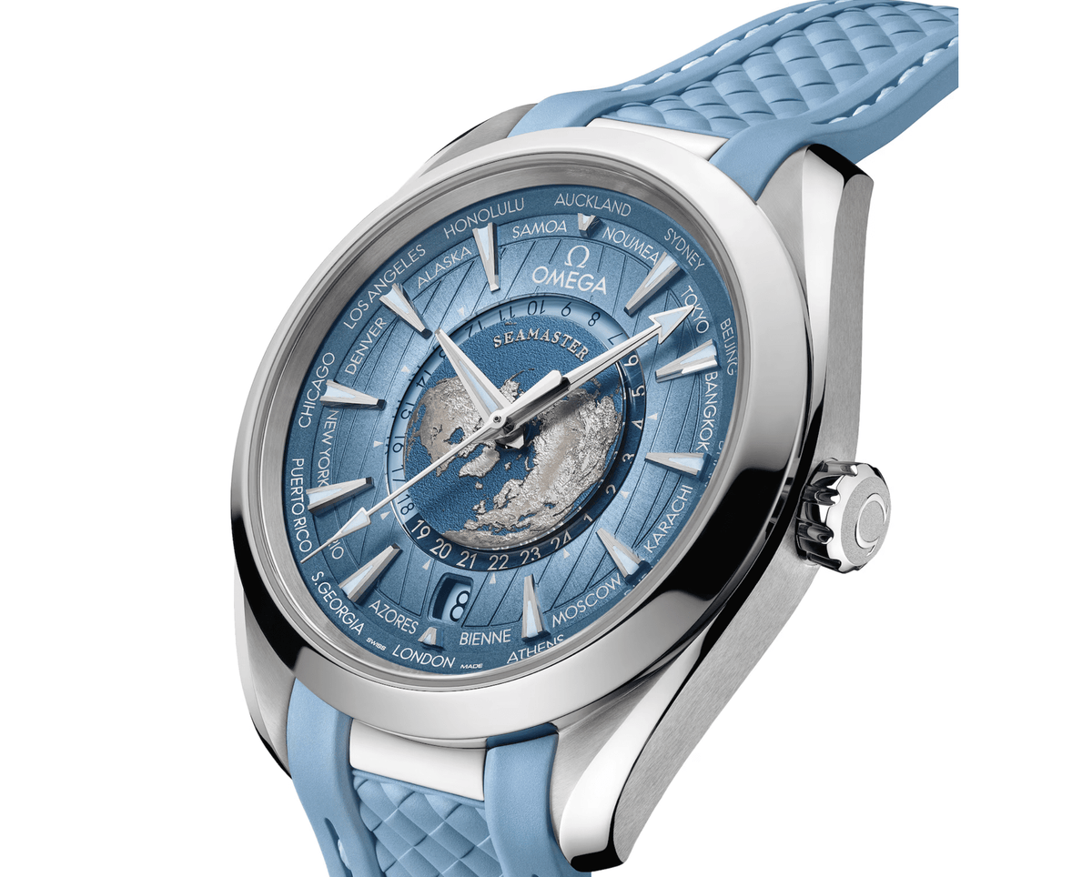 Pre-Owned Omega Seamaster Aqua Terra 150M Coâ€‘Axial Master Chronometer GMT Worldtimer 43mm â€“ Summer Blue
