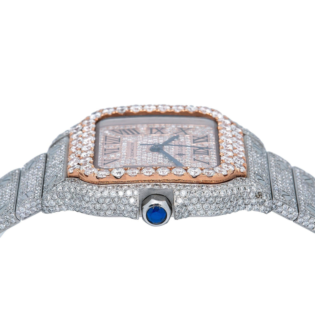 Pre-Owned Cartier Santos 35.1MM WSSA0029 Diamond Paved Rose Gold Roman Dial Rose Gold Diamond Bezel Stainless Steel Full Diamond Bracelet 18.75ct