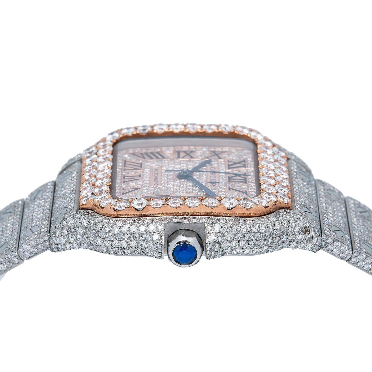 Pre-Owned Cartier Santos 35.1MM WSSA0029 Diamond Paved Rose Gold Roman Dial Rose Gold Diamond Bezel Stainless Steel Full Diamond Bracelet 18.75ct