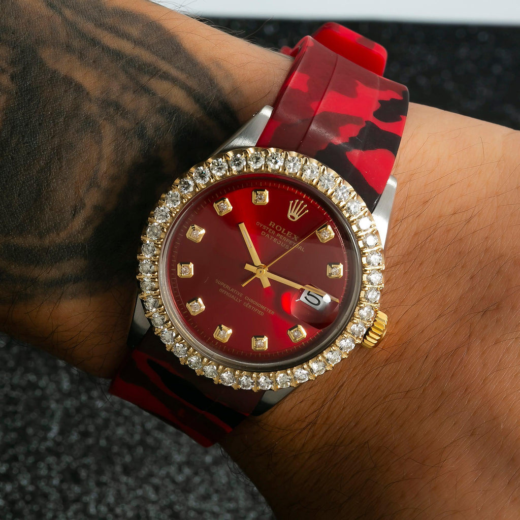 Pre-Owned Rolex Datejust 36MM 1601 Red Diamond Dial Diamond Bezel Red Camo Rubber Strap