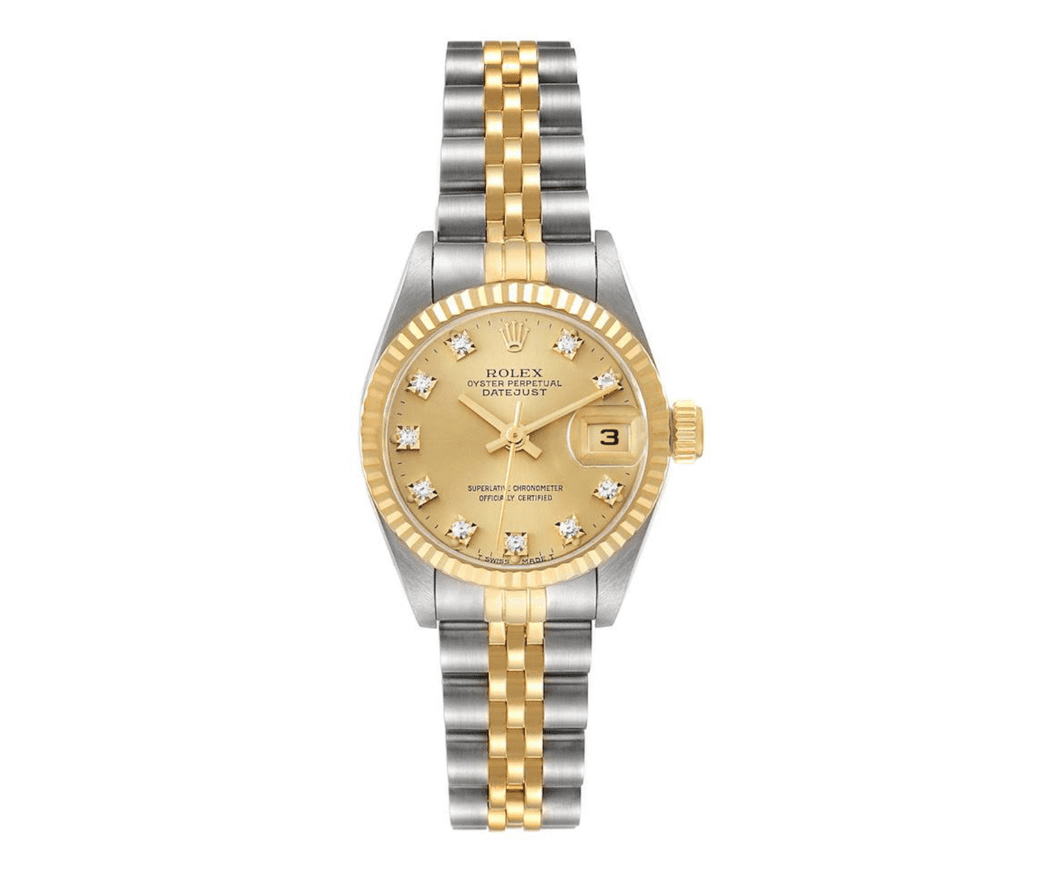 Pre-Owned Rolex Lady-Datejust 26mm â€“ 69173, Champagne Diamond Dial, 18k Yellow Gold & Stainless Steel Jubilee Bracelet