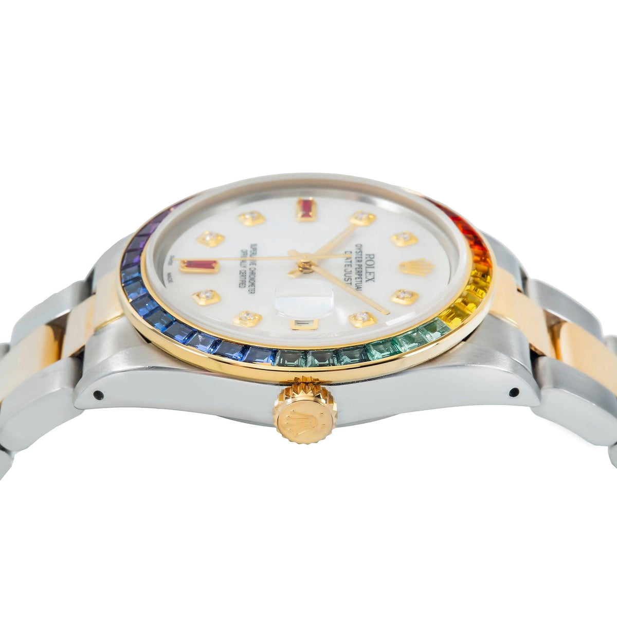 Pre-Owned Rolex Datejust 36MM 16013 Mother of Pearl Diamond Dial Rainbow Gemstone Bezel Two Tone Yellow Gold Oyster Bracelet