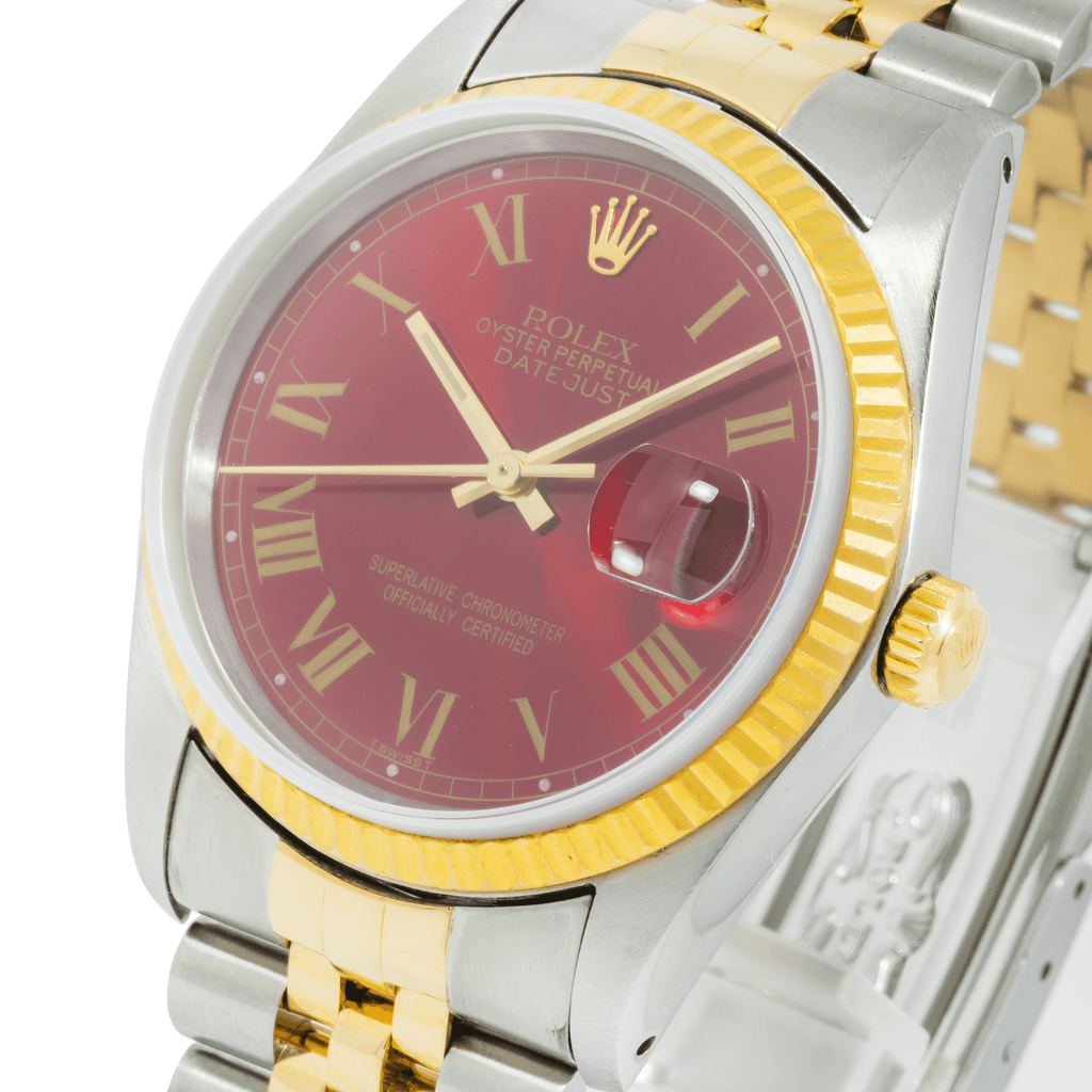 Pre-Owned Rolex Datejust 36MM 16233 Red Roman Dial Fluted Bezel Two Tone Yellow Gold Jubilee Bracelet