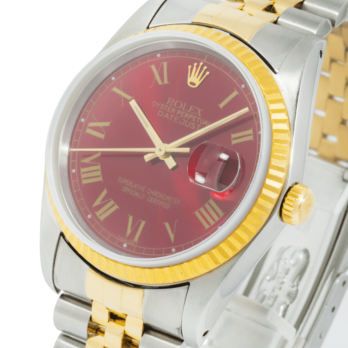 Pre-Owned Rolex Datejust 36MM 16233 Red Roman Dial Fluted Bezel Two Tone Yellow Gold Jubilee Bracelet