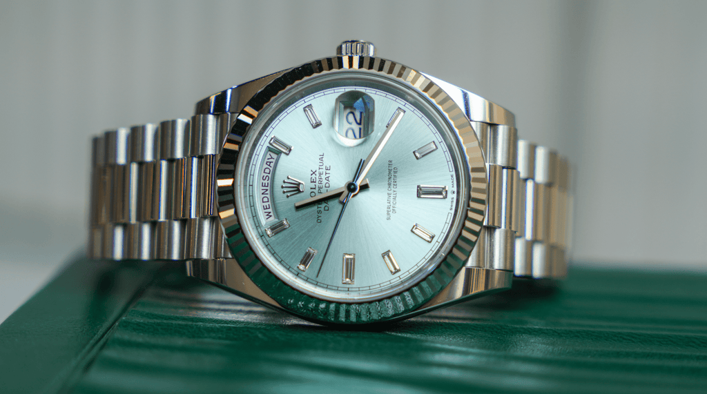 Pre-Owned Rolex Platinum President Day-Date 40 â€“ Ice Blue Baguette Dial Ref. 228236